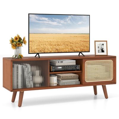 Bamboe TV-kast met Rieten en Glazen Schuifdeur TV Lowboard Televisietafel Televisiekast Bruin