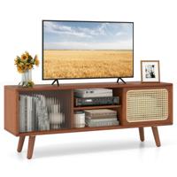 Bamboe TV-kast met Rieten en Glazen Schuifdeur TV Lowboard Televisietafel Televisiekast Bruin