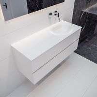 Mondiaz Vica Moon badmeubel wit mat 120 cm 2 lades solid surface enkele spoelbak rechts zonder kraangat