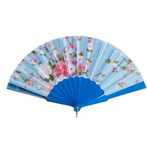 Handwaaier/Spaanse waaier Flowers - blauw - 30 cm - Verkleedattributen