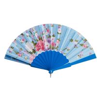 Handwaaier/Spaanse waaier Flowers - blauw - 30 cm - Verkleedattributen - thumbnail