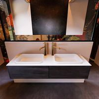 Badkamermeubelset Mondiaz Erin 150 cm met 2 Lades met RIDGE Wastafel Dubbel Talc met 2 kraangaten Greeploos Mat Dark Brown