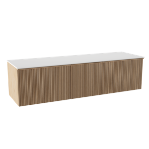 Balmani Forma zwevend badmeubel 180 x 55 cm naturel eiken met Stretto enkel of dubbel wastafelblad in solid surface mat wit, Verticale asymmetrische ronde ribbel