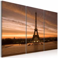 Schilderij - Eiffeltoren bij zonsondergang, Parijs , oranje , 3 luik