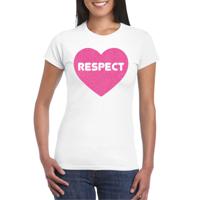 Bellatio Decorations Gay Pride T-shirt voor dames - respect - wit - roze glitter hart - LHBTI 2XL  -