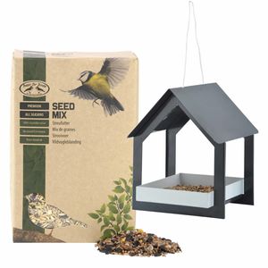 Metalen vogelhuisje/voedertafel hangend antraciet 23 cm met vogel strooivoer 2,5 kg