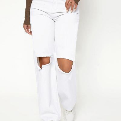 Petite High Waist Straight Leg Mom Jeans - Dark Wash Distressed Denim White / Petite S