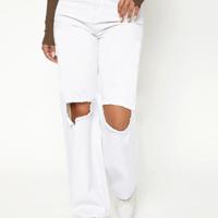 Petite High Waist Straight Leg Mom Jeans - Dark Wash Distressed Denim White / Petite S