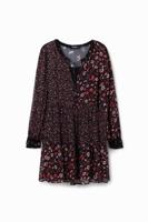 Korte jurk met chiffon en bloemen - BLACK - XS - thumbnail