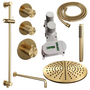 Regendoucheset Inbouw Brauer Gold Carving Thermostatisch 30 cm met Gebogen Wandarm, Glijstang en Handdouche Staaf Losse Stopkranen Geborsteld Goud