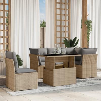 6-delige Loungeset met kussens poly rattan beige