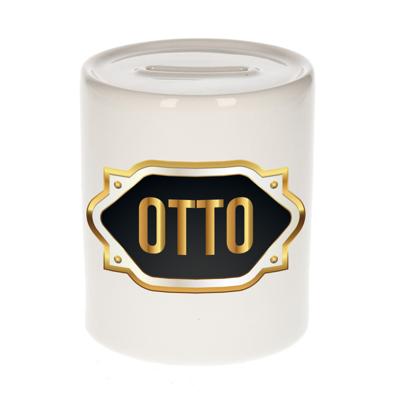 Spaarpot met voornaam Otto - wit - goud/zwart embleem - 8 x 9 cm - keramiek - afsluitdop