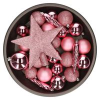 Decoris kerstballen set - 34-dlg - lippenstift roze - incl. piek - kunststof - kerstversiering - thumbnail