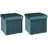 Poef/hocker - 2x - opbergbox - fluweel blauw - kunststof/mdf - 31 x 31 x 31 cm - opvouwbaar - thumbnail