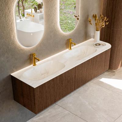 Badmeubel Mondiaz Kurve-Dlux | 175 cm | Meubelkleur Walnut | Wastafelkleur Ostra | Solid surface | Dubbele spoelbak | 2 kraangaten