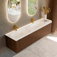 Badmeubel Mondiaz Kurve-Dlux | 175 cm | Meubelkleur Walnut | Wastafelkleur Ostra | Solid surface | Dubbele spoelbak | 2 kraangaten