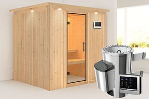 Karibu | Daria Sauna met Dakkraag | Helderglas Deur | Biokachel 3,6 kW Externe Bediening