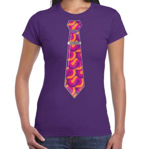 Verkleed T-shirt voor dames - 70s stropdas - paars - jaren 70 - foute party - carnaval/themafeest