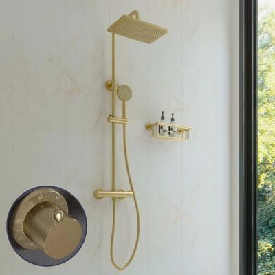 Regendouche set SaniClear Vision Stripes | Opbouw | 20x30 cm | Mengkraan | Incl.Handdoucheset | Geborsteld messing - mat goud Regendouche set SaniClear Vision Stripes | Opbouw | 20x30 cm | Mengkraan | Incl.Handdoucheset | Geborsteld messing - mat goud