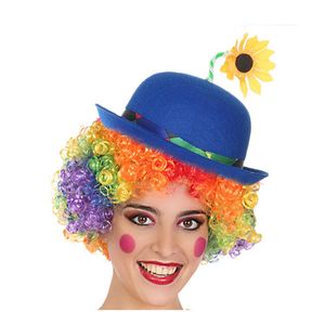 Clown verkleed set gekleurde pruik met bolhoed blauw met bloem