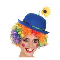 Clown verkleed set gekleurde pruik met bolhoed blauw met bloem - thumbnail