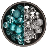 74x stuks kunststof kerstballen mix van turquoise blauw en zilver 6 cm - thumbnail