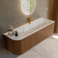 Mondiaz KURVE-DLUX 145 cm Onderkast Greeploos 1 Lade Met Deuren Walnut, Wastafel Solid Surface Rechts Glace 1 Kraangat Zonder Spiegel (KRVBGL145L1L1D1KR-Wal/Gla)