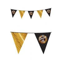 Sweet sixteen vlaggetjes - zwart/goud - 10 meter - kunststof - versiering/feestartikelen