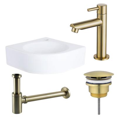 QeramiQ Fuente fonteinset - 30x30x10cm - 1 kraangat - hoek - keramiek - fonteinkraan messing geborsteld - glans wit SW696238/SW696208/SW696218/SW679885