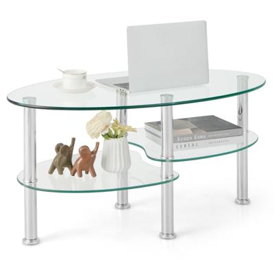 Salontafel van Gehard Glas 3-Draads Moderne Ovale Theetafel met Ruim Glazen Blad Moderne Gladde Glazen Tafel Bijzettafel 89 x 50 x 45 cm