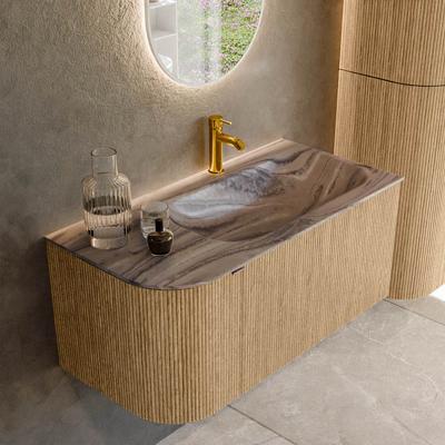 Badmeubel Mondiaz Kurve-Dlux | 95 cm | Meubelkleur Oak | Wastafelkleur Sombra | Solid surface | Wasbak rechter zijde spoelbak | 1 kraangat