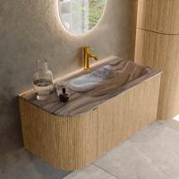Badmeubel Mondiaz Kurve-Dlux | 95 cm | Meubelkleur Oak | Wastafelkleur Sombra | Solid surface | Wasbak rechter zijde spoelbak | 1 kraangat