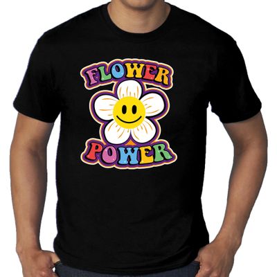 Grote Maten jaren 60 Flower Power verkleed shirt zwart met emoticon bloem heren