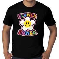 Grote Maten jaren 60 Flower Power verkleed shirt zwart met emoticon bloem heren - thumbnail