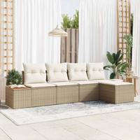 5-delige tuinset met kussens in beige poly rattan en acaciahout