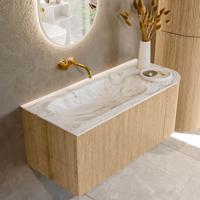 Mondiaz KURVE-DLUX 105 cm Onderkast Greeploos 1 Lade Met Deuren Oak, Wastafel Solid Surface Links Glace 0 Kraangaten Zonder Spiegel (KRVBGS105R1L1D0KL-Oak/Gla)
