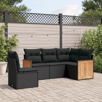5-delige Loungeset met kussens poly rattan zwart