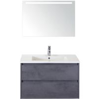 Porto Badmeubelset 90 cm - Beton Antraciet - Keramische Wastafel Wit Slim met Sence Spiegel