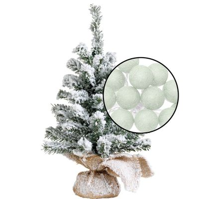 Kleine kunst kerstboom - besneeuwd - incl. lichtsnoer met balletjes lichtgroen- H45 cm