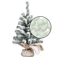 Kleine kunst kerstboom - besneeuwd - incl. lichtsnoer met balletjes lichtgroen- H45 cm - thumbnail