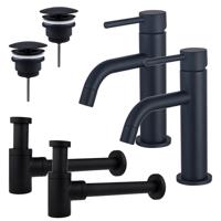 Fortifura Calvi Slim Wastafelkraanset - voor dubbele wastafel - lage wastafelkraan - always open plug - verlaagde design sifon - Mat zwart 2x SW377835/2x SW696205/2x SW696215