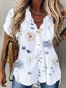 Buttoned Loose Casual V Neck Blouse