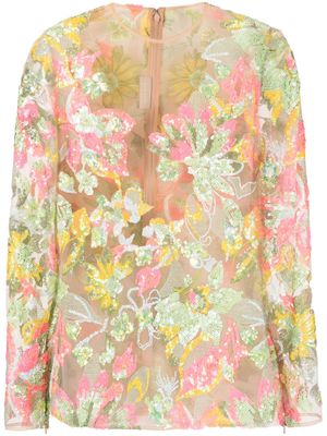 Elie Saab blouse ornée de sequins à fleurs - Tons neutres