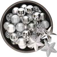 43x stuks kunststof kerstballen en sterren ornamenten zilver - Kerstbal - thumbnail