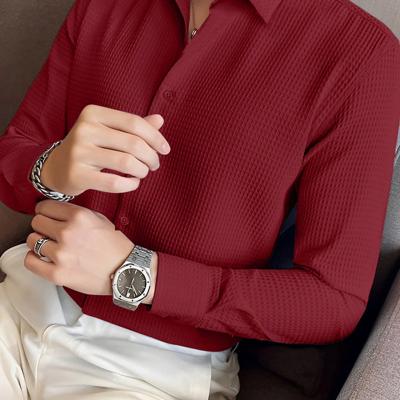 Bon&Bon Men's Waffle Knit Shirt - Black Long Sleeve Button Front Burgundy / S
