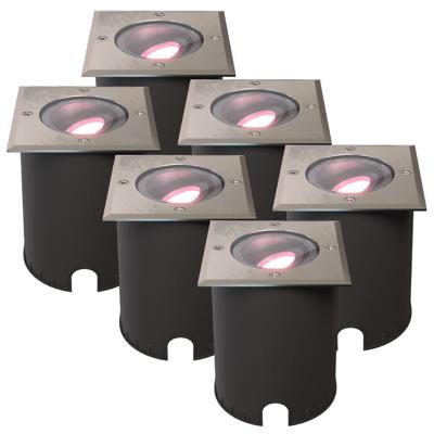 Set van 6 Cody - Smart LED Grondspot - IP67 waterdicht - 5,5 Watt 345 Lumen - Kantelbaar - Overrijdbaar - Vierkant - Wifi + Bluetooth - RGBWW - GU10 - Google Home, Amazon Alexa en Siri - RVS