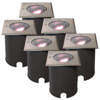 Set van 6 Cody - Smart LED Grondspot - IP67 waterdicht - 5,5 Watt 345 Lumen - Kantelbaar - Overrijdbaar - Vierkant - Wifi + Bluetooth - RGBWW - GU10 - Google Home, Amazon Alexa en Siri - RVS