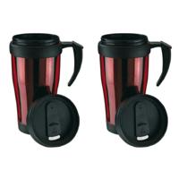 Thermosbeker/warmhoudbeker Koffie To Go - Set van 4x stuks - rood/zwart - 400 ml - koffie/thee beker - thumbnail