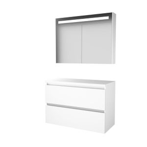 Basic-Line Premium 46 badkamermeubelset - 100x46cm - greeploos - 2 lades - wastafelblad - Spiegelkast - geintegreerde LED verlichting - MDF lak Ice White 1813537