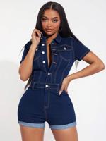 Women's Denim Jumpsuit - High Waist Short Sleeve Apricot Romper Dark Wash / M